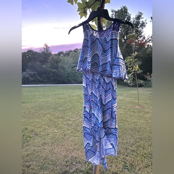 Girls 7/8 Hi-Low Dress👗Shades of Blues and Whites Chevron Dots & Blue Lace Back - Picture 10 of 15